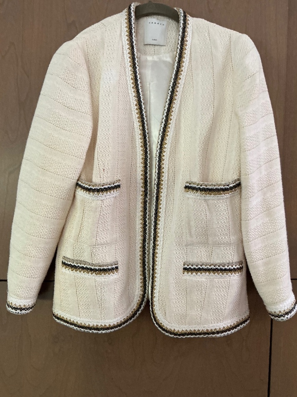 Sandro Paris Ivory Knit Jacket Cardigan Gold Black Trim Pockets